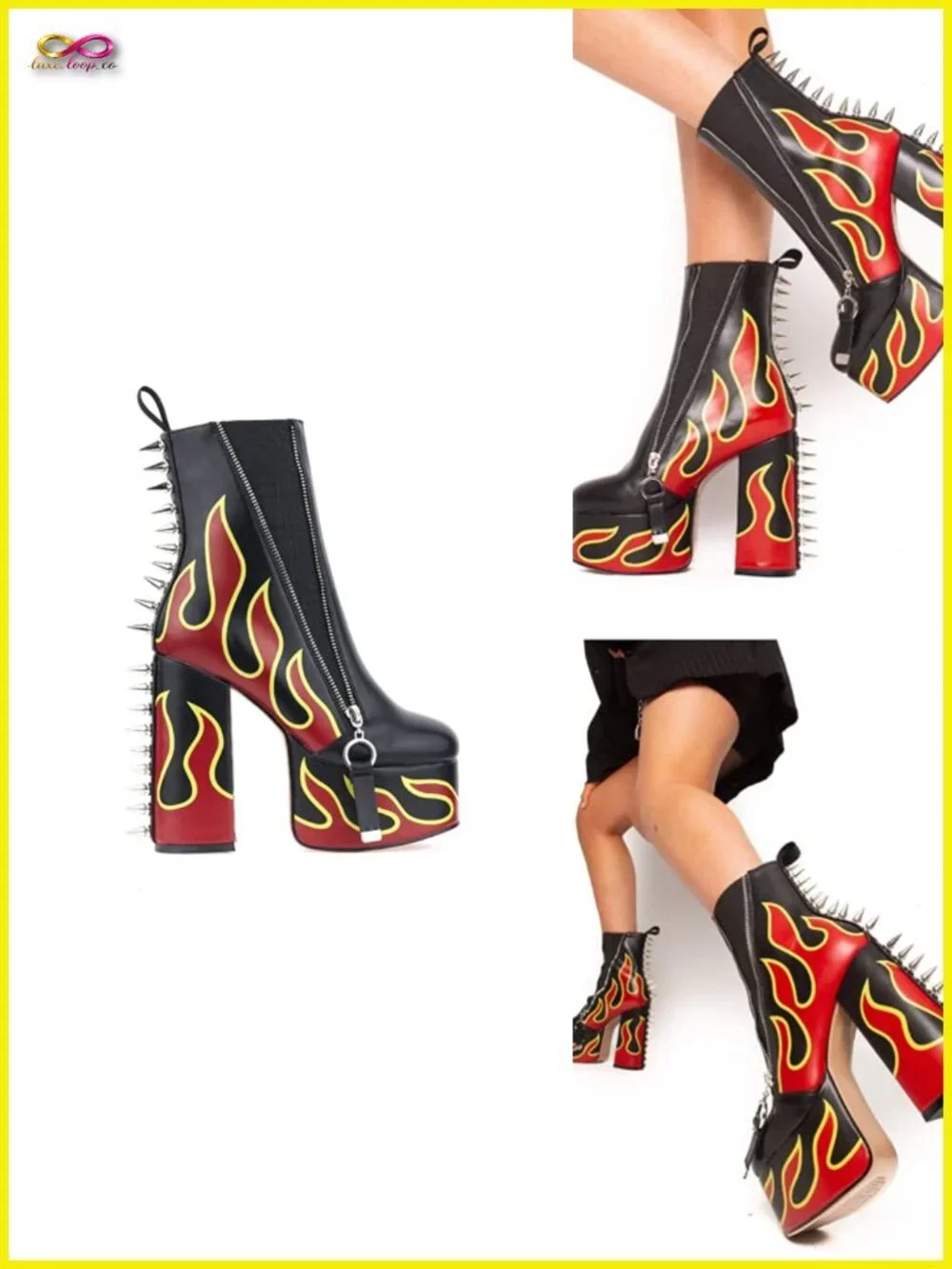 Faux Leather High Heels Rivets Ankle Boots Flames Totem Metal Zipper Thick